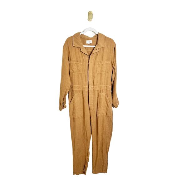 MATE The Label Long Sleeve Linen Buttondown Jumpsuit Sedona Brown Large - Picture 3 of 6